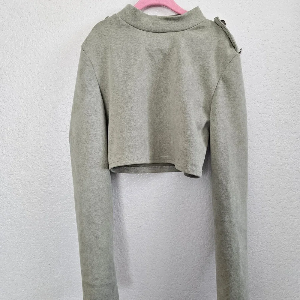 CBR Sage‎ Green Faux Suede 2 Piece Set Mock Neck Crop Top & Button Midi Skirt S